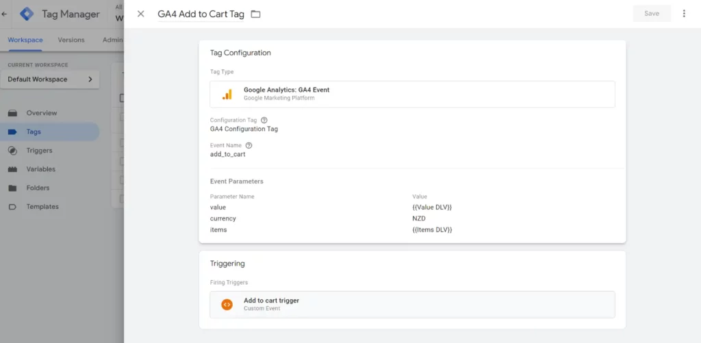 add to cart GA4 event tag