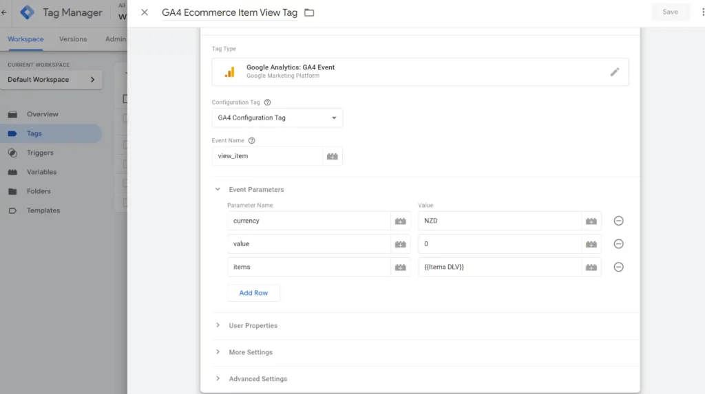 GA4 event tag view item