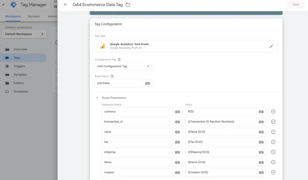 GA4 purchase event parameters