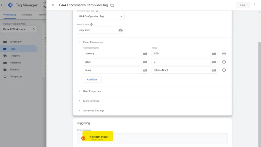 view item trigger GA4 event tag